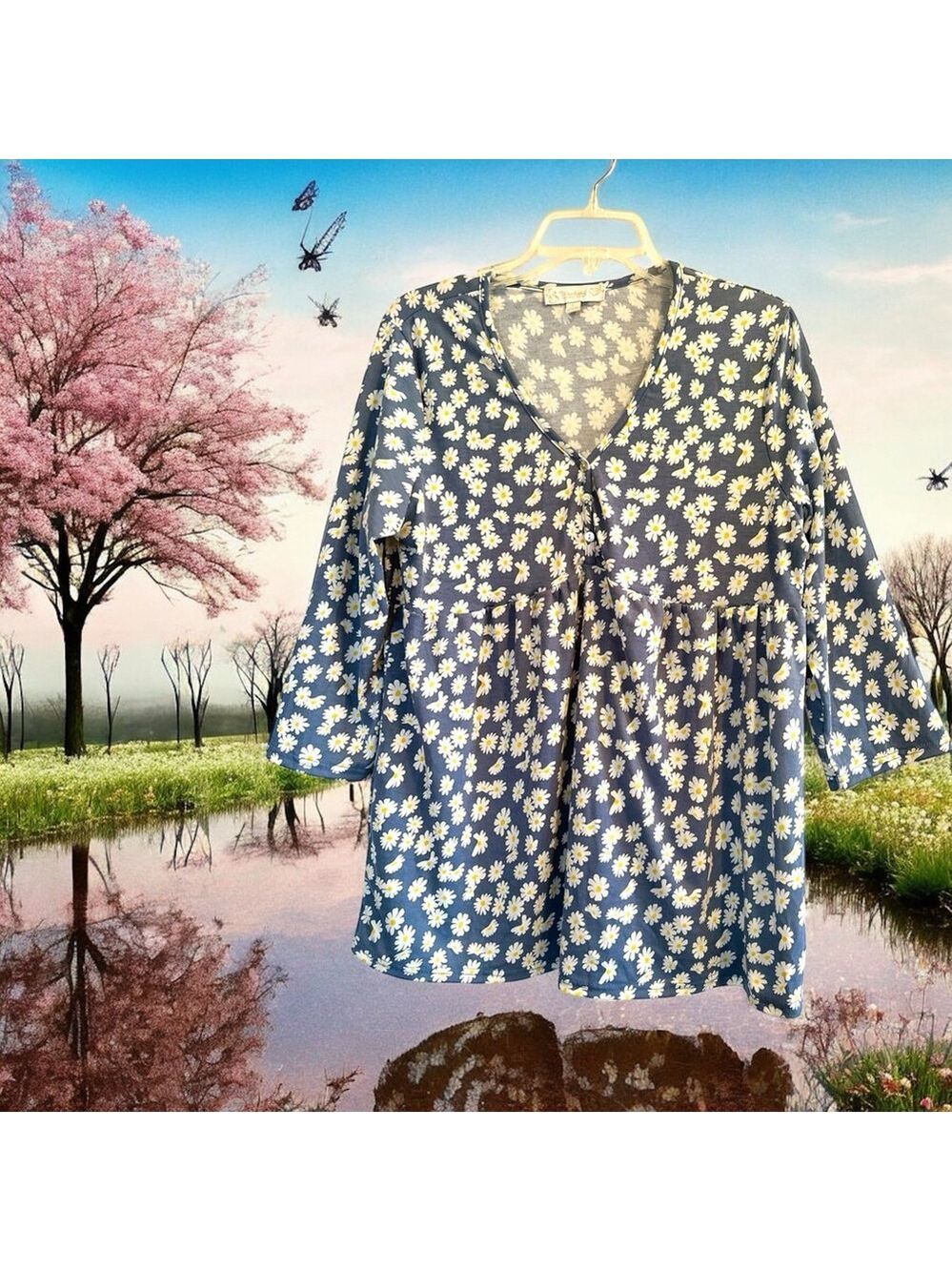 Susan Betro Weekend Floral Tunic Top Womens Large Pull Over 3/4 Sleeve Daisiesu